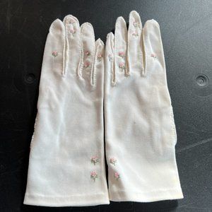 Vintage CRESCENDOE ivory-color Cotton Floral Beaded Evening Gloves sz 7